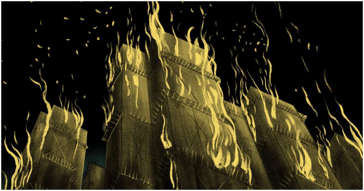 হংকংয়ে বহুতল ভবনগুলোতে আগুনের গ্রাফিক্স। ছবি: রয়টার্স